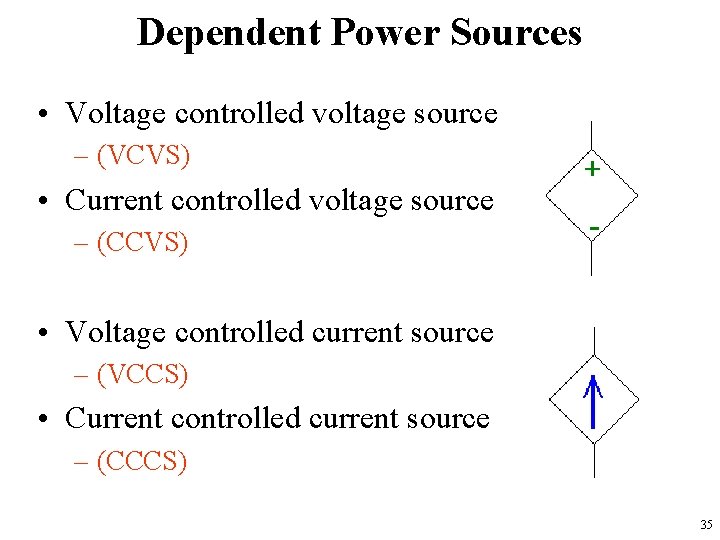 Dependent Power Sources • Voltage controlled voltage source – (VCVS) • Current controlled voltage