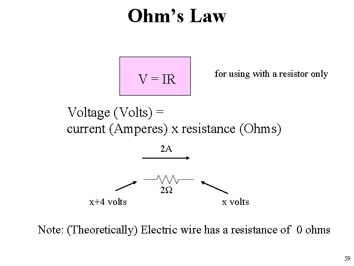 Ohm’s Law V = IR for using with a resistor only Voltage (Volts) =