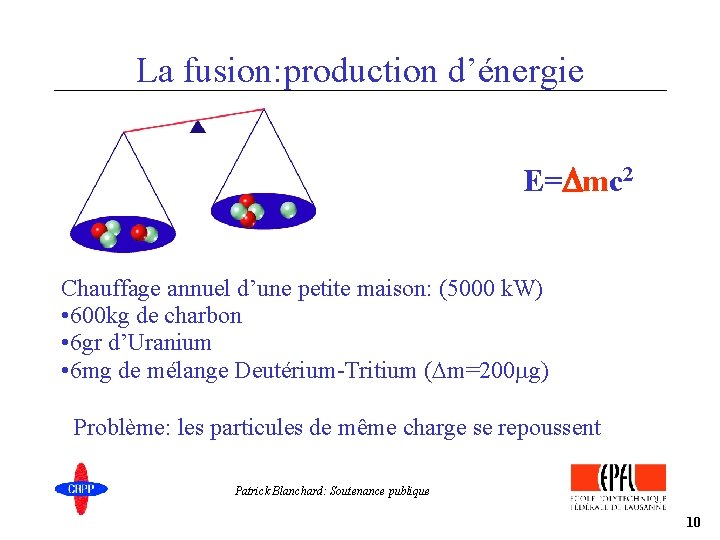 La fusion: production d’énergie E=Dmc 2 Chauffage annuel d’une petite maison: (5000 k. W)