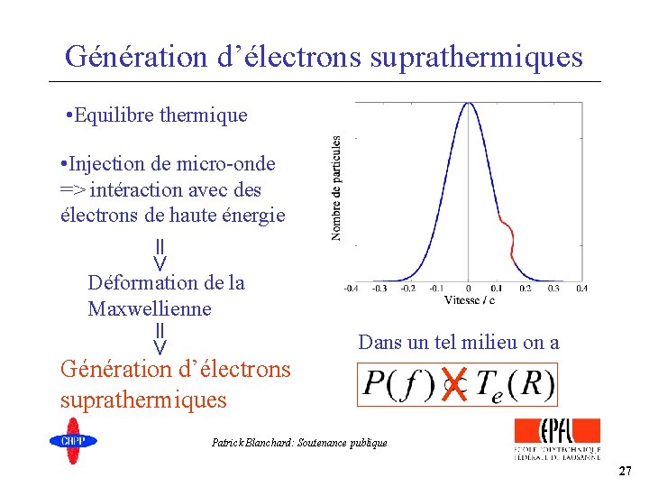 Génération d’électrons suprathermiques • Equilibre thermique • Injection de micro-onde => intéraction avec des
