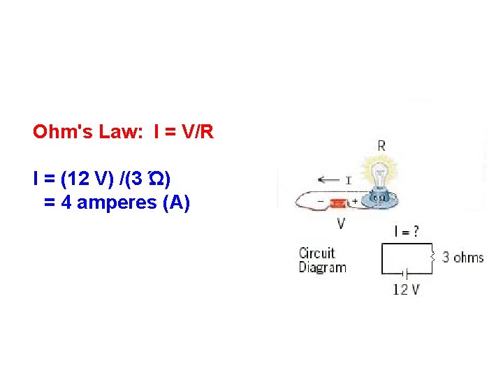 Ohm's Law: I = V/R I = (12 V) /(3 Ώ) = 4 amperes