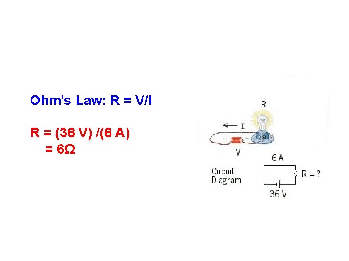 Ohm's Law: R = V/I R = (36 V) /(6 A) = 6Ω 