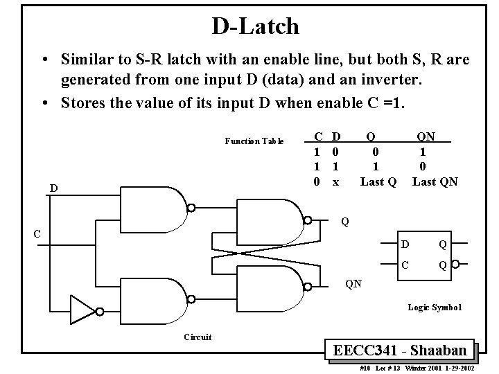 D-Latch • Similar to S-R latch with an enable line, but both S, R
