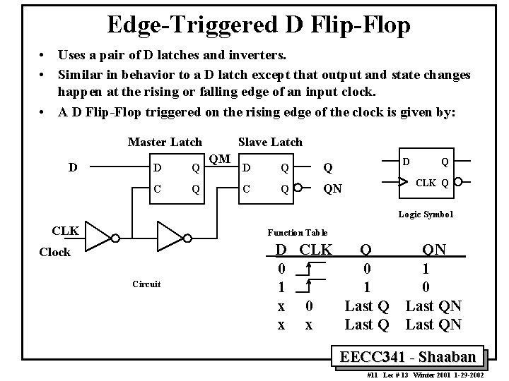 Edge-Triggered D Flip-Flop • Uses a pair of D latches and inverters. • Similar