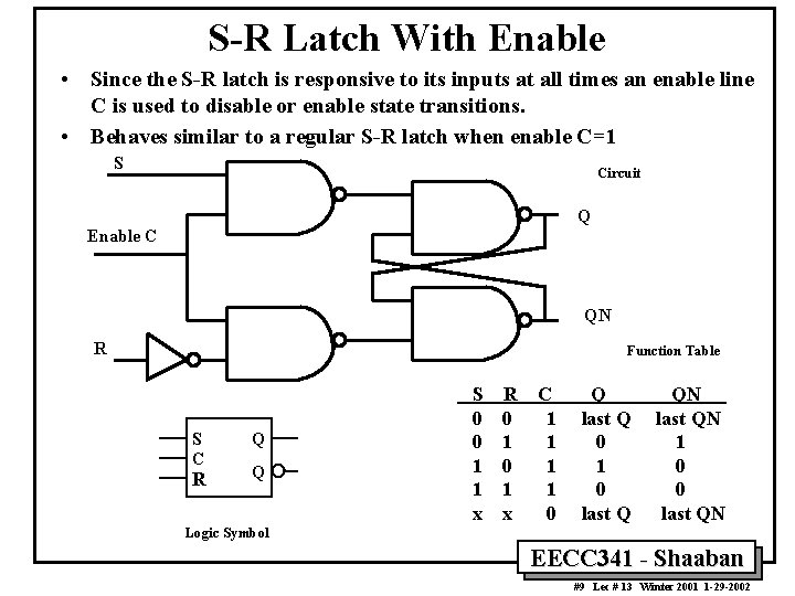 S-R Latch With Enable • Since the S-R latch is responsive to its inputs