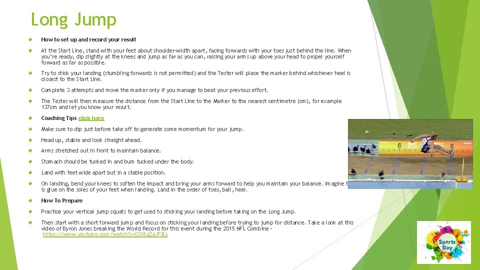 Long Jump How to set up and record your result At the Start Line,