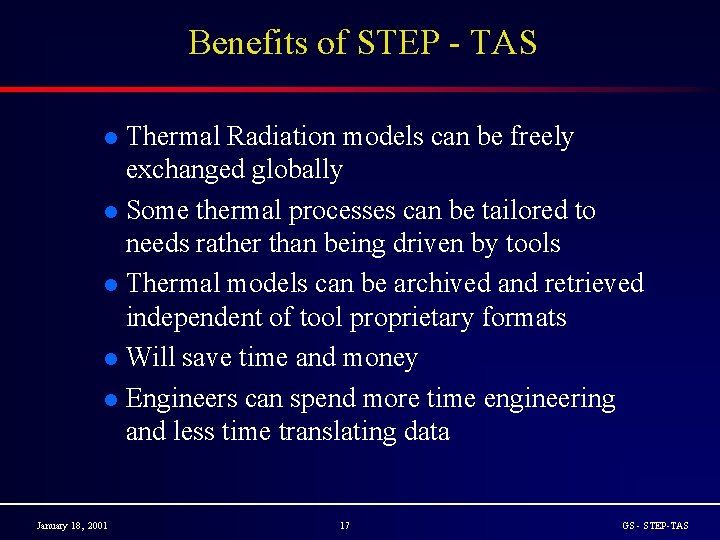 Benefits of STEP - TAS Thermal Radiation models can be freely exchanged globally l