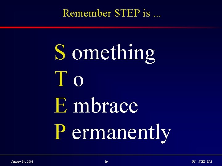 Remember STEP is. . . S omething To E mbrace P ermanently January 18,