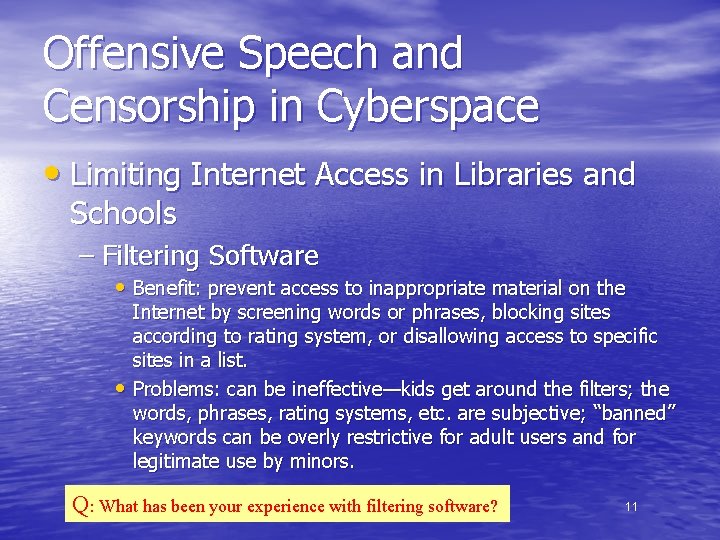 Offensive Speech and Censorship in Cyberspace • Limiting Internet Access in Libraries and Schools