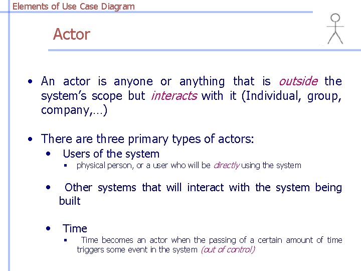 Elements of Use Case Diagram Actor • An actor is anyone or anything that