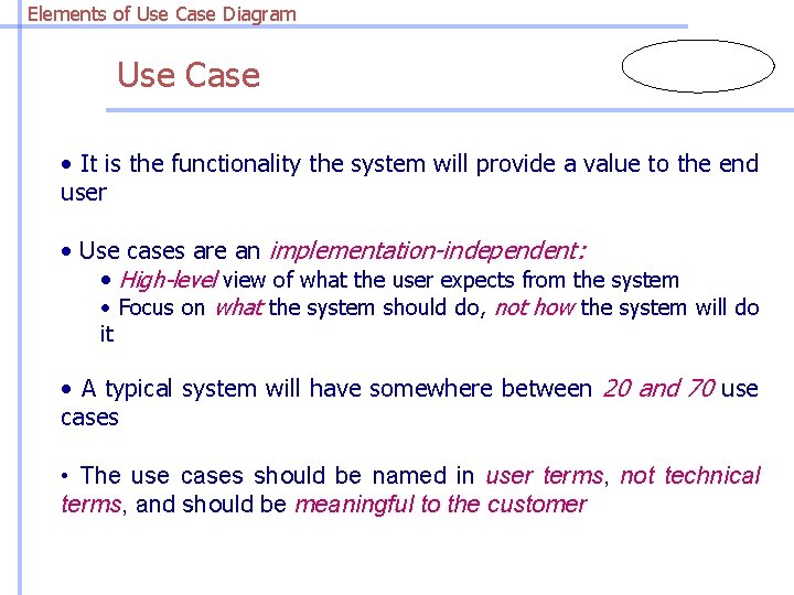 Elements of Use Case Diagram Use Case • It is the functionality the system