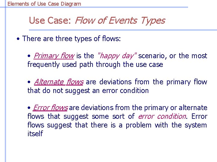 Elements of Use Case Diagram Use Case: Flow of Events Types • There are