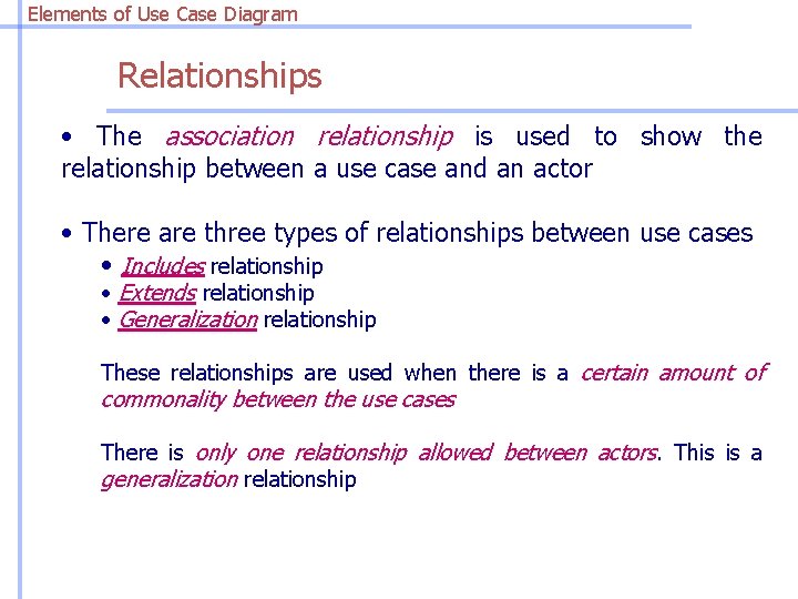 Elements of Use Case Diagram Relationships • The association relationship is used to show