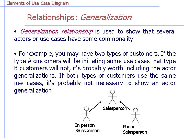 Elements of Use Case Diagram Relationships: Generalization • Generalization relationship is used to show