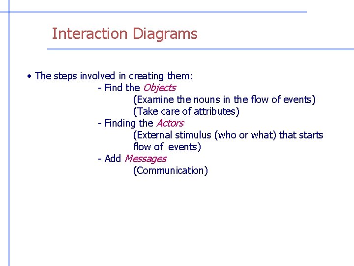 Interaction Diagrams • The steps involved in creating them: - Find the Objects (Examine