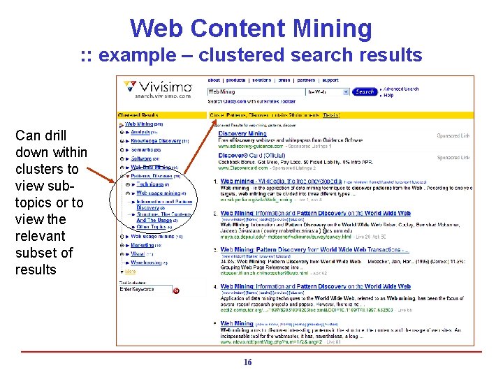 Web Content Mining : : example – clustered search results Can drill down within