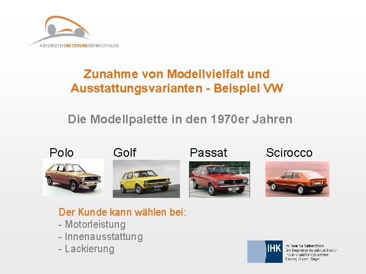 Zunahme von Modellvielfalt und Ausstattungsvarianten - Beispiel VW Die Modellpalette in den 1970 er