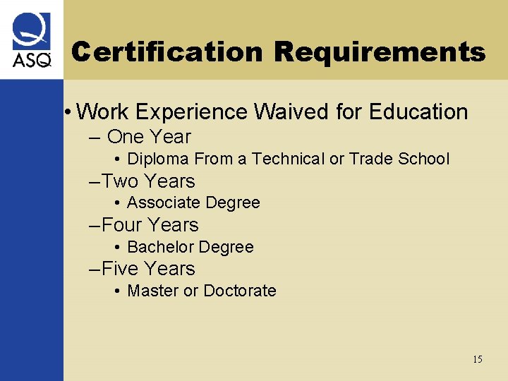 Certification Requirements • Work Experience Waived for Education – One Year • Diploma From