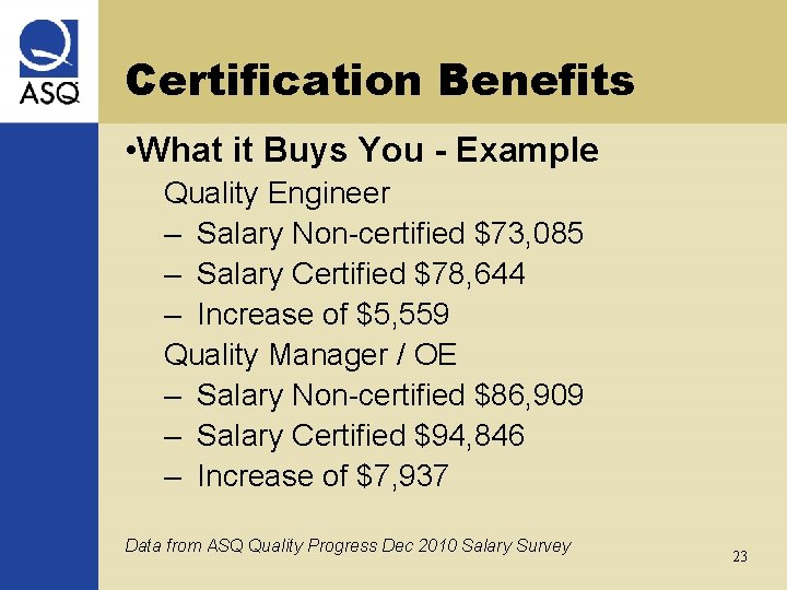 Certification Benefits • What it Buys You - Example Quality Engineer – Salary Non-certified