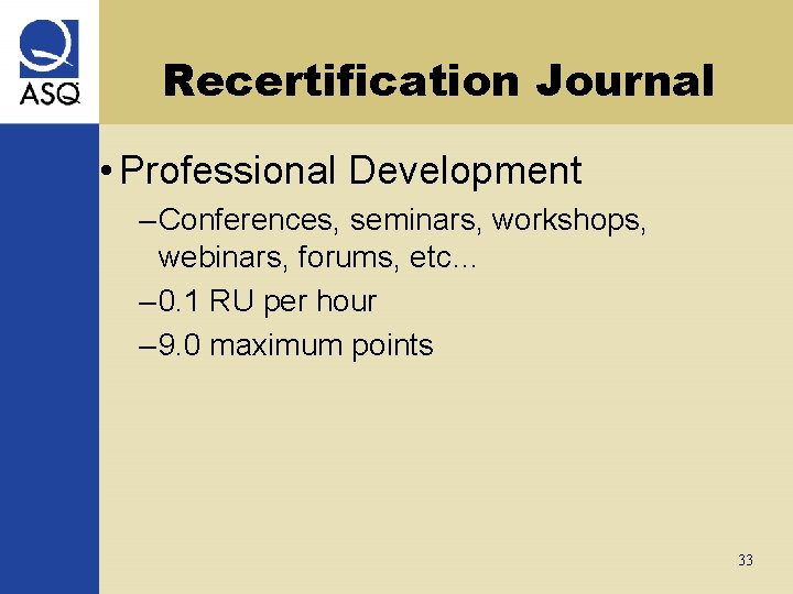 Recertification Journal • Professional Development – Conferences, seminars, workshops, webinars, forums, etc… – 0.