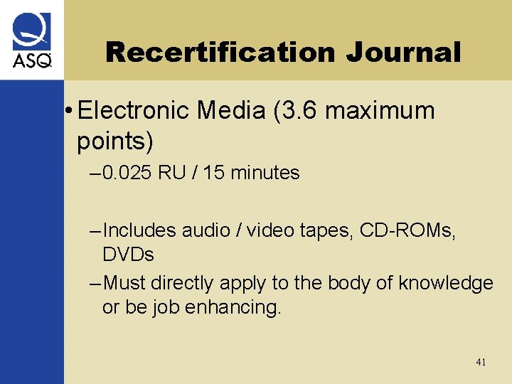 Recertification Journal • Electronic Media (3. 6 maximum points) – 0. 025 RU /