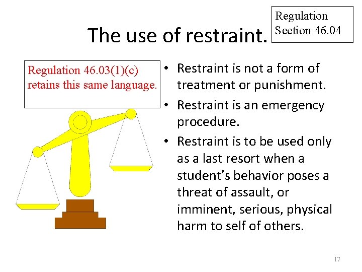 The use of restraint. Regulation Section 46. 04 • Restraint is not a form