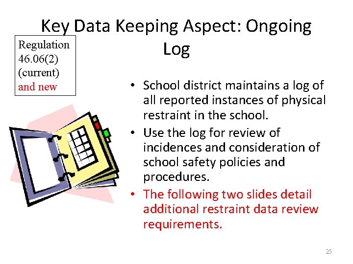 Key Data Keeping Aspect: Ongoing Regulation Log 46. 06(2) (current) and new • School