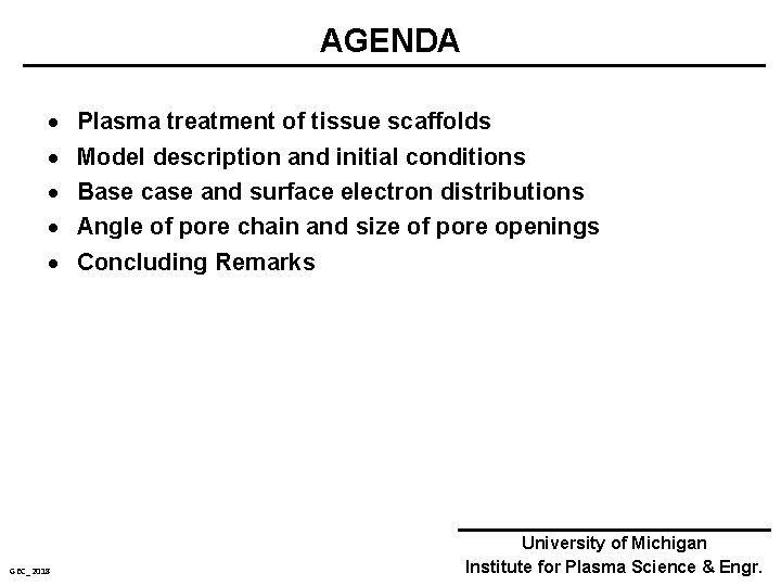 AGENDA · · · GEC_2018 Plasma treatment of tissue scaffolds Model description and initial