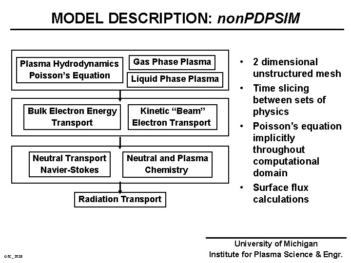 MODEL DESCRIPTION: non. PDPSIM Plasma Hydrodynamics Poisson’s Equation Bulk Electron Energy Transport Neutral Transport
