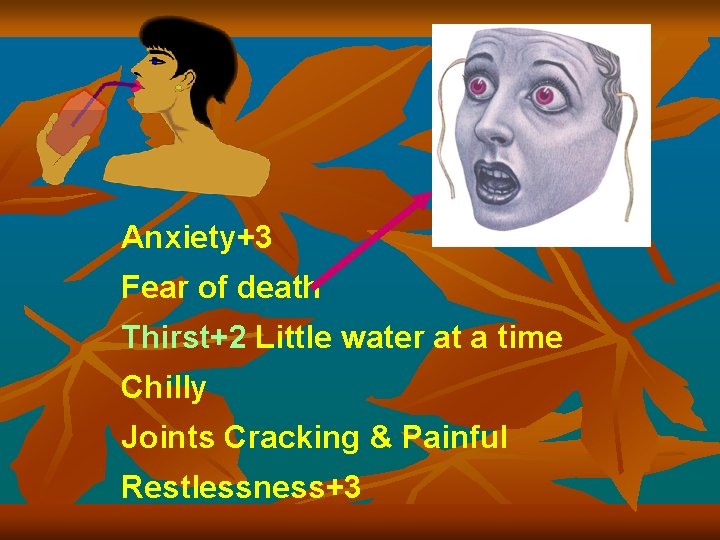 Anxiety+3 Fear of death Thirst+2 Little water at a time Chilly Joints Cracking &