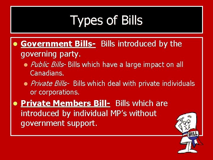 Types of Bills l l Government Bills- Bills introduced by the governing party. l