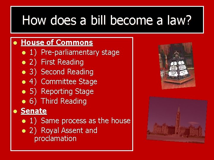 How does a bill become a law? House of Commons l 1) Pre-parliamentary stage