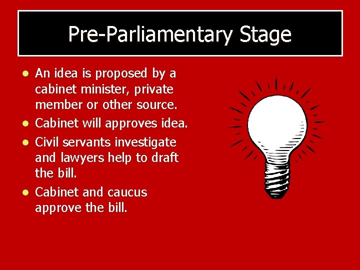 Pre-Parliamentary Stage l l An idea is proposed by a cabinet minister, private member