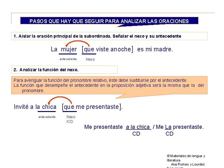 PASOS QUE HAY QUE SEGUIR PARA ANALIZAR LAS ORACIONES 1. Aislar la oración principal