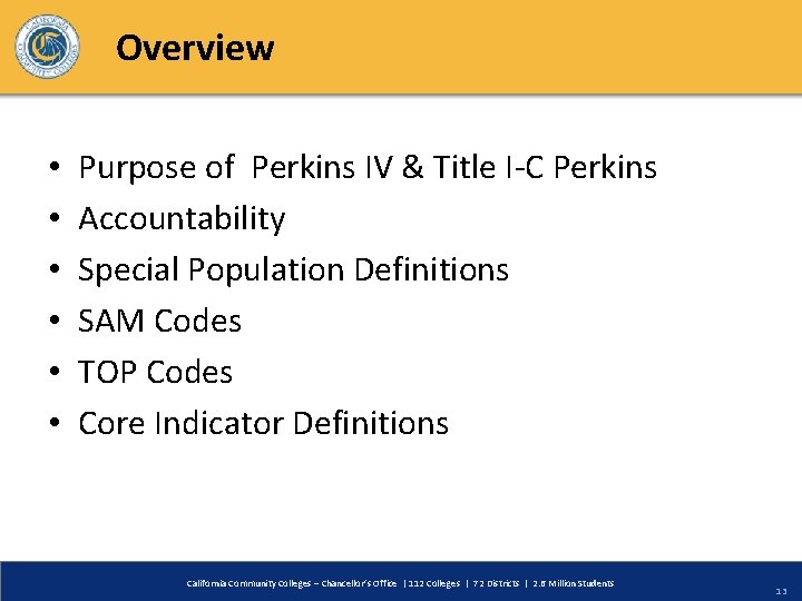 Overview • • • Purpose of Perkins IV & Title I-C Perkins Accountability Special