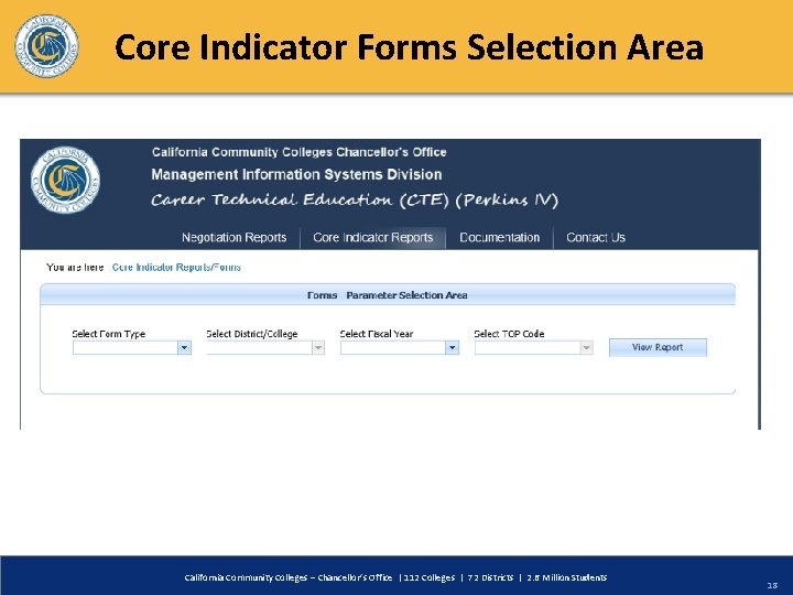 Core Indicator Forms Selection Area California Community Colleges – Chancellor’s Office | 112 Colleges