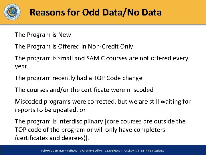 Reasons for Odd Data/No Data The Program is New The Program is Offered in