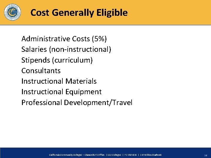 Cost Generally Eligible Administrative Costs (5%) Salaries (non-instructional) Stipends (curriculum) Consultants Instructional Materials Instructional