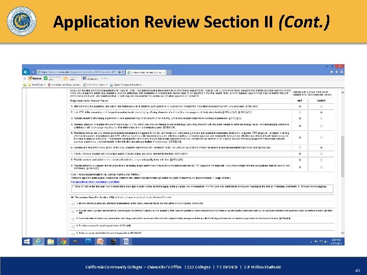 Application Review Section II (Cont. ) California Community Colleges – Chancellor’s Office | 112
