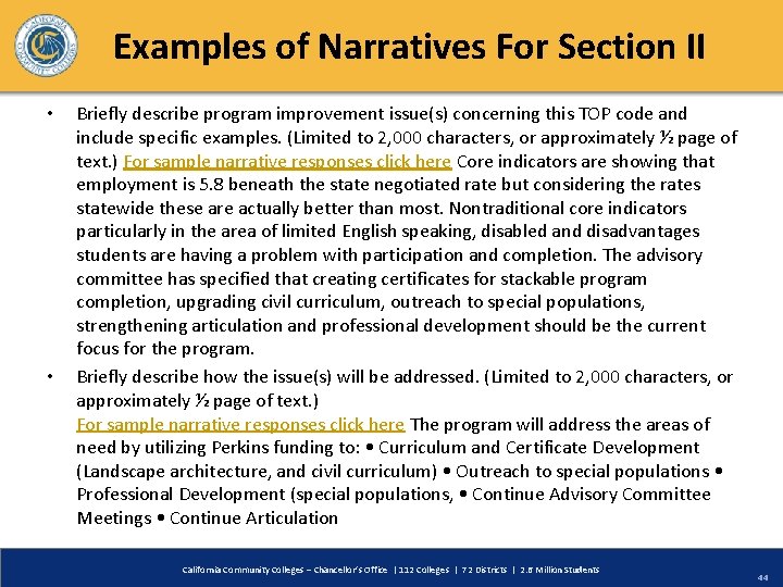 Examples of Narratives For Section II • • Briefly describe program improvement issue(s) concerning