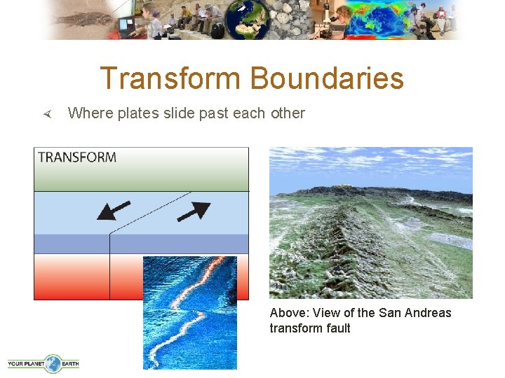 Transform Boundaries Where plates slide past each other Above: View of the San Andreas
