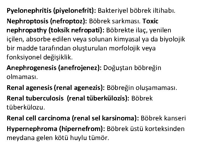 Pyelonephritis (piyelonefrit): Bakteriyel böbrek iltihabı. Nephroptosis (nefroptoz): Böbrek sarkması. Toxic nephropathy (toksik nefropati): Böbrekte