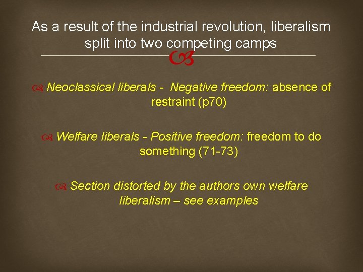 As a result of the industrial revolution, liberalism split into two competing camps Neoclassical