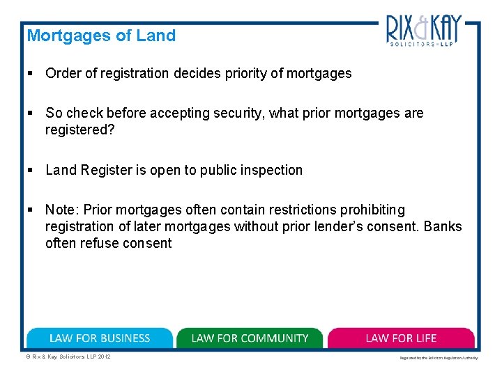 Mortgages of Land § Order of registration decides priority of mortgages § So check