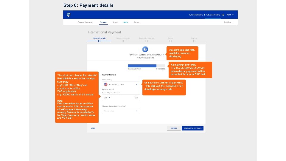 Step 8: Payment details Account selector with available balance displaying The user can choose