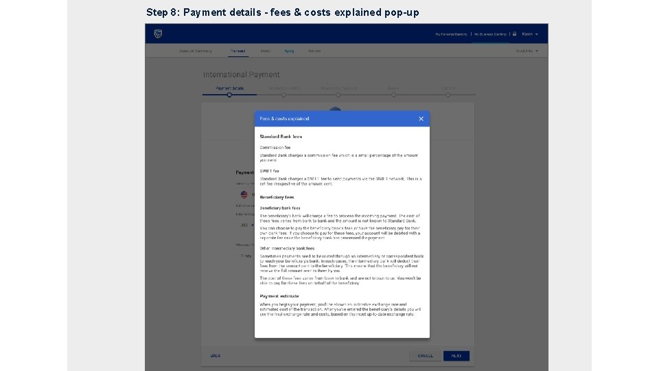 Step 8: Payment details - fees & costs explained pop-up 13 