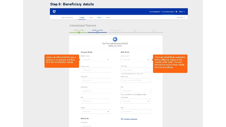 Step 9: Beneficiary details Users can either select to pay a person or a