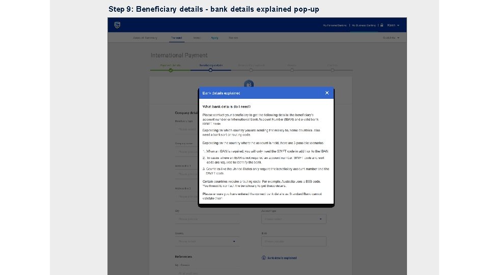 Step 9: Beneficiary details - bank details explained pop-up 16 