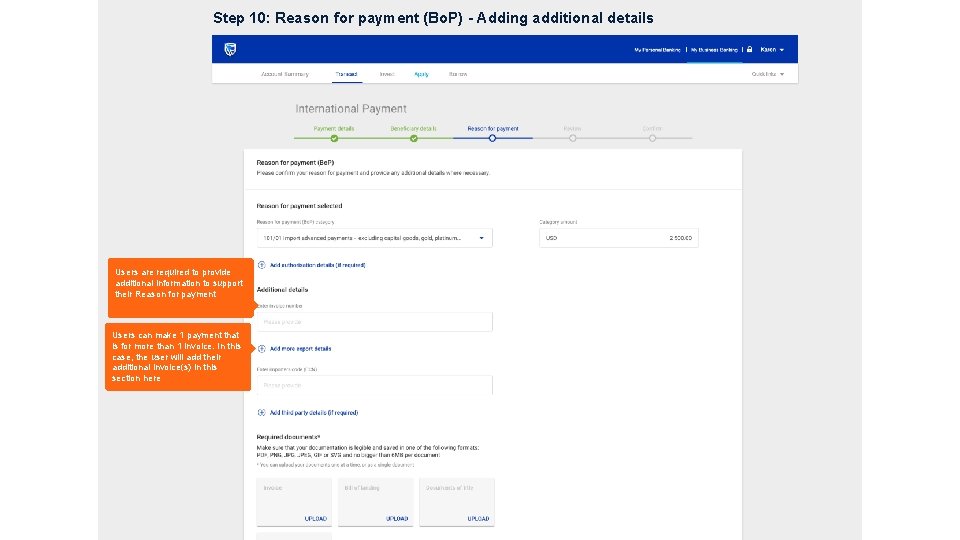 Step 10: Reason for payment (Bo. P) - Adding additional details Users are required