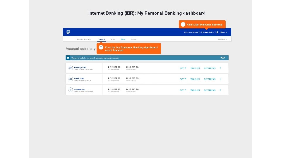 Internet Banking (IBR): My Personal Banking dashboard 1 2 Select My Business Banking From